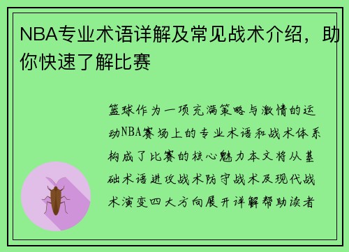 NBA专业术语详解及常见战术介绍，助你快速了解比赛