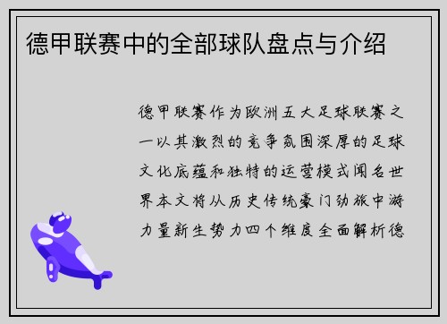 德甲联赛中的全部球队盘点与介绍